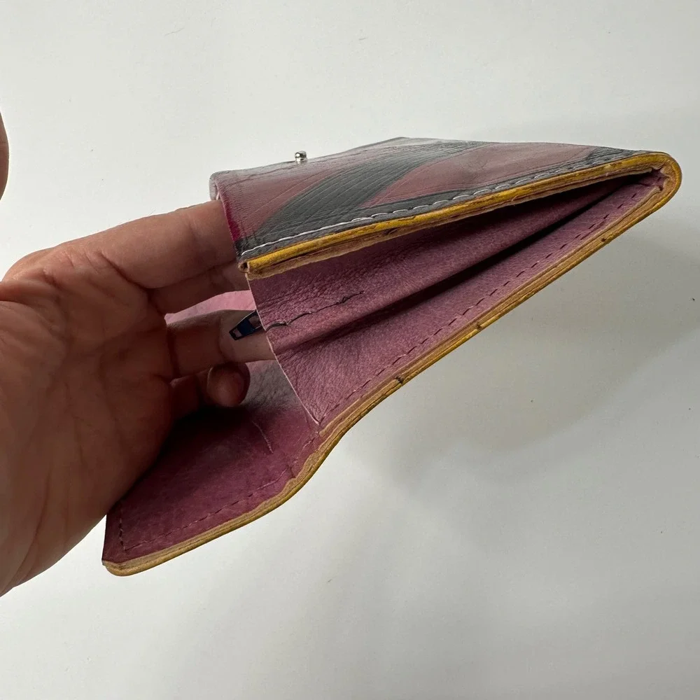 Vintage Leather Wallet Diagonal Stripe Clutch Burgundy Brown Boho Indie